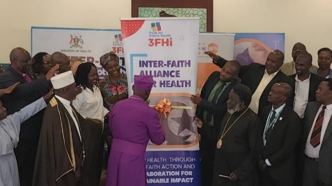 The Most Rev. Dr. Stephen Kaziimba, Archbishop of the Church of Uganda, launches the Interfaith Alliance for Health together with inter-faith religious leaders during the Inter-Faith pre- safe mother hood Conference